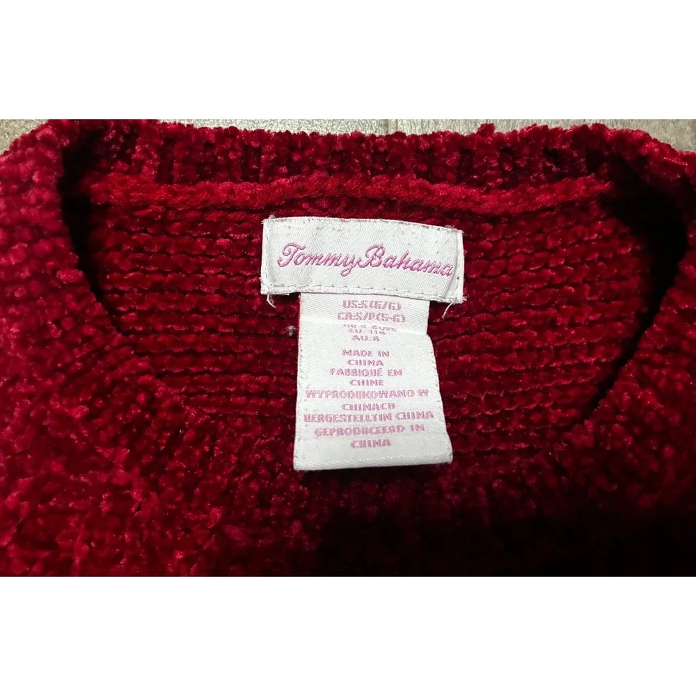 Tommy Bahama Girls Chenille Cable Knit Sweater Scalloped Size S 5/6 Red